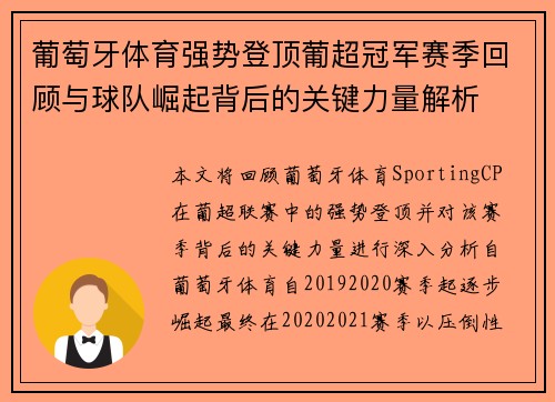 葡萄牙体育强势登顶葡超冠军赛季回顾与球队崛起背后的关键力量解析