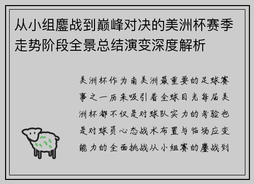 从小组鏖战到巅峰对决的美洲杯赛季走势阶段全景总结演变深度解析