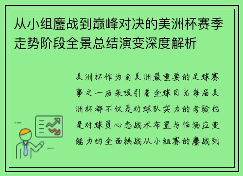 从小组鏖战到巅峰对决的美洲杯赛季走势阶段全景总结演变深度解析